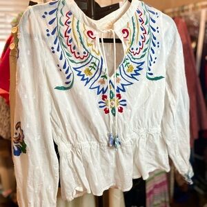 Anthropologie White Peasant Blouse with Multicolor Embroidery